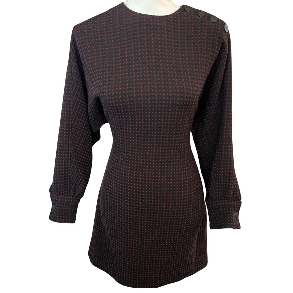 ba&sh Dimitri Dress XS Black Red Textured Knit Shift Long Sleeve Chic EUC
